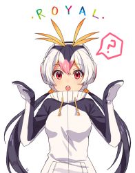 Rule 34 | 10s, 1girl, ?, bad id, bad pixiv id, black hair, blonde hair, character name, drawstring, english text, kemono friends, kim bae-eo, long hair, looking at viewer, low twintails, multicolored hair, open mouth, pink hair, red eyes, royal penguin (kemono friends), solo, spoken question mark, turtleneck, twintails, upper body, white background, white hair