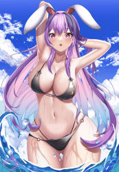 Rule 34 | 1girl, absurdres, animal ears, bikini, black bikini, blue sky, breasts, cleavage, cloud, gluteal fold, hand in own hair, highres, hossy, large breasts, long hair, looking at viewer, navel, outdoors, partially submerged, pink eyes, purple hair, rabbit ears, red eyes, reisen udongein inaba, sky, solo, standing, swimsuit, touhou, wet