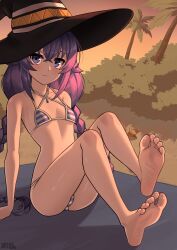 Rule 34 | 1girl, absurdres, barefoot, bikini, black hat, blue eyes, blue hair, blush, braid, feet, hat, highres, large hat, long hair, looking at viewer, mushoku tensei, roxy migurdia, soles, striped bikini, striped clothes, sunset, swimsuit, toes, twin braids, witch hat, x xith x
