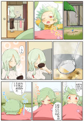 Rule 34 | anchovy (girls und panzer), anzai romi, breakfast, child, food, futon, girls und panzer, green eyes, green hair, highres, hungry, jinguu (4839ms), long hair, messy hair, mother and daughter, room, sleeping, sleepy, soup, translation request