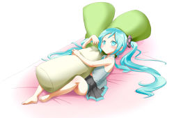 Rule 34 | 1girl, feet, female focus, gradient background, hatsune miku, highres, long hair, lying, hugging object, pillow, pillow hug, skirt, solo, super lux, themed object, twintails, very long hair, vocaloid