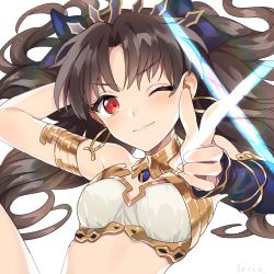 Rule 34 | 1girl, armlet, artist name, bare shoulders, black gloves, black hair, blush, breasts, cleavage, earrings, elbow gloves, fate/grand order, fate (series), gloves, hair ribbon, highres, hoop earrings, ishtar (fate), jewelry, long hair, looking at viewer, medium breasts, one eye closed, pointing, pointing at viewer, red eyes, ribbon, simple background, single elbow glove, smile, solo, two side up, upper body, white background, xacco