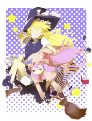 Rule 34 | 2girls, :&lt;, :d, apron, bad id, bad pixiv id, black dress, blonde hair, broom, broom riding, carrying, crescent hat ornament, dress, expressionless, female focus, full body, grin, hand on headwear, hat, hat ornament, jitome, kinari, kirisame marisa, looking at viewer, multiple girls, open mouth, patchouli knowledge, photoshop (medium), puffy short sleeves, puffy sleeves, short sleeves, smile, star (symbol), teeth, touhou, w, waist apron, witch hat