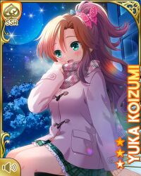 Rule 34 | 1girl, blue bow, bow, brown coat, brown hair, brown scarf, butterfly hair ornament, card, character name, coat, flower, girlfriend (kari), green bow, green eyes, green skirt, hair ornament, hairclip, koizumi yuka (gf kari), night, official art, open mouth, outdoors, pink bow, plaid, plaid skirt, ponytail, qp:flapper, scarf, school, school uniform, shirt, sitting, skirt, snow, snowing, solo, tagme, white shirt, winter, winter clothes, winter coat