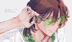 Rule 34 | 1boy, brown eyes, brown hair, closed mouth, commentary, dated, green-tinted eyewear, green shirt, grey background, hair behind ear, hair between eyes, tucking hair, happy birthday, hito666 syou, jacket, kotobuki reiji, looking at viewer, male focus, portrait, round eyewear, shirt, short hair, simple background, smile, solo, sunglasses, symbol-only commentary, tinted eyewear, uta no prince-sama, white jacket