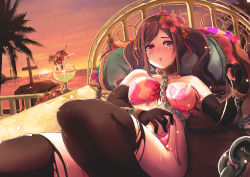 Rule 34 | 1girl, bikini, black thighhighs, blush, breasts, brown hair, chain, cocktail, collar, cross, elbow gloves, glass, gloves, kuroiwa shinji, large breasts, long hair, original, purple eyes, solo, sweat, swimsuit, thighhighs, torn clothes, twintails, untied