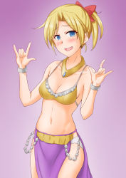1girl, \m/, anti (untea9), arabian clothes, bangs, blonde hair, blue eyes, breasts, cleavage, commentary request, cosplay, cowboy shot, dancer, dancer&#039;s costume (dq), double \m/, dragon quest, dragon quest iv, gradient, gradient background, highres, kantai collection, looking at viewer, maikaze (kancolle), medium breasts, navel, parted bangs, ponytail, purple background, solo, standing