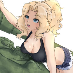 Rule 34 | 1girl, ass, black tank top, blonde hair, blue eyes, blue shorts, blush, breasts, butt crack, cleavage, covered erect nipples, girls und panzer, highres, huaronanago, kay (girls und panzer), large breasts, military uniform, military vehicle, motor vehicle, no bra, open mouth, ponytail, saunders military uniform, short shorts, shorts, simple background, solo, tank, tank top, uniform, white background