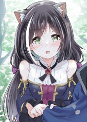 Rule 34 | 1girl, absurdres, animal ear fluff, animal ears, bare shoulders, black ribbon, blush, bodice, breasts, brooch, cat ears, cat girl, clothes tug, commentary request, detached sleeves, green eyes, highres, jewelry, karyl (princess connect!), long hair, long sleeves, looking at viewer, multicolored hair, nose blush, open mouth, outdoors, pov, princess connect!, red brooch, ribbon, shirt, sidelocks, streaked hair, tree, twintails, very long hair, white hair, white shirt, yoru (user vewa8437)