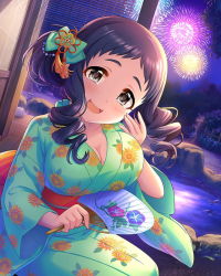 Rule 34 | 10s, 1girl, alternate hairstyle, artist request, black hair, blush, breasts, brown eyes, cleavage, drill hair, hand fan, fireworks, hair ornament, idolmaster, idolmaster cinderella girls, japanese clothes, kimono, large breasts, long hair, night, official art, ohnuma kurumi, paper fan, ringlets, smile, solo, tears, wavy mouth