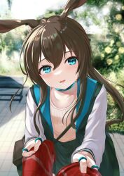 Rule 34 | 1girl, akabane hibame, alternate costume, amiya (arknights), animal ears, arknights, bench, black shirt, blue collar, blue eyes, blush, collar, hair between eyes, highres, jacket, jewelry, long sleeves, neck ring, outdoors, parted lips, rabbit ears, rabbit girl, ribbed shirt, scarf pull, shirt, shirt tucked in, solo, white jacket, white shirt