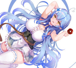 Rule 34 | 1girl, ahoge, armpits, arms up, bare arms, bare shoulders, belt, black corset, blue bow, blue bowtie, blue coat, blue hair, blue skirt, bow, bowtie, braid, breasts, brown belt, center frills, cleavage, cleavage cutout, clothing cutout, coat, colored tips, corset, dutch angle, elf, flower, frilled shirt, frilled skirt, frilled thighhighs, frills, hair between eyes, hair flower, hair ornament, heart, heart ahoge, hololive, impossible clothes, impossible shirt, large breasts, leather belt, long hair, looking at viewer, miniskirt, multicolored hair, no headwear, open mouth, pointy ears, pondel, shirt, skindentation, skirt, sleeveless, sleeveless shirt, smile, snowflake print, solo, thighhighs, underbust, very long hair, virtual youtuber, w arms, white shirt, white thighhighs, yellow eyes, yukihana lamy