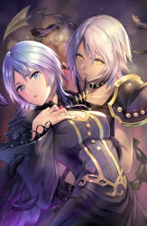 Rule 34 | 2girls, anti-aqua, aqua (kingdom hearts), arm around shoulder, armor, asymmetrical clothes, black dress, black feathers, blue eyes, blue hair, blurry, breasts, brooch, choker, cleavage, cleavage cutout, clothing cutout, corruption, dark persona, dark skin, dark-skinned female, depth of field, dress, dual persona, fang, feathers, female focus, finger to mouth, fur collar, fur trim, gogo (detteiu de), highres, jewelry, kingdom hearts, kingdom hearts iii, leaning back, looking at viewer, medium breasts, multiple girls, open mouth, short hair, shoulder armor, silver hair, spiked choker, spikes, spoilers, upper body, wide sleeves, yellow eyes