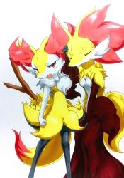 Rule 34 | 025aki, 2girls, absurdres, animal ears, between legs, blush, braixen, breasts, clenched hand, closed eyes, creatures (company), delphox, female focus, fox ears, fox tail, furry, furry female, game freak, gen 6 pokemon, half-closed eyes, hand between legs, hand on head, hand up, highres, looking to the side, multiple girls, navel, nintendo, open mouth, pokemon, pokemon (creature), pokemon xy, red eyes, simple background, small breasts, standing, stick, sweat, tail, traditional media, white background