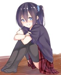 Rule 34 | 1girl, black hair, black shirt, black thighhighs, blue eyes, blue scrunchie, blush, closed mouth, crossed arms, crying, crying with eyes open, eyebrows, full body, hair between eyes, hair ornament, hair scrunchie, highres, hugging own legs, knees up, kyoo-kyon (kyo-kyon), looking at viewer, no shoes, nose blush, on floor, original, plaid, plaid skirt, red skirt, scrunchie, shirt, short hair, short sleeves, side ponytail, sitting, skirt, smile, solo, streaming tears, suzunari shizuku, tears, thighhighs, wooden floor, yuki arare