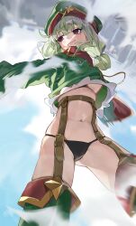 Rule 34 | 1girl, absurdres, araga kiwi, bags under eyes, black panties, blue sky, boots, breasts, closed mouth, cloud, commentary, cropped jacket, english commentary, fatur rasid, flying, from below, green footwear, green hair, green hat, green jacket, hat, highres, jacket, leoparde (mahou shoujo ni akogarete), mahou shoujo ni akogarete, medium breasts, medium hair, mole, mole under eye, navel, panties, purple eyes, red scarf, scarf, skindentation, sky, smirk, solo, stomach, tareme, thigh boots, underboob, underwear