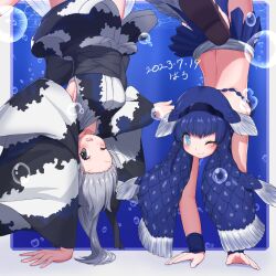 Rule 34 | 2girls, ;), ;d, air bubble, arm up, armpits, arms up, back, baroy baroro, bikini, blue eyes, blue hair, blush, border, bracer, bubble, closed mouth, coelacanth (kemono friends), commentary, dark blue hair, dated, detached sleeves, eyelashes, fins, fish girl, fish tail, freediving, grey eyes, grey hair, hairband, handstand, head fins, highres, japanese clothes, jinmen-gyo (kemono friends), kemono friends, kemono friends 3, kimono, long hair, median furrow, multiple girls, one eye closed, open mouth, outside border, sandals, smile, submerged, swimsuit, tail, underwater, upside-down, very long hair, white border, wide sleeves, zouri
