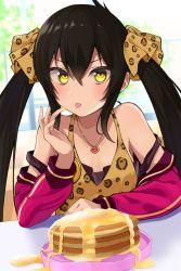 Rule 34 | 1girl, animal print, bad id, bad pixiv id, bare shoulders, black hair, blush, breasts, camisole, cleavage, collarbone, commentary request, food, gomashi (goma), hair between eyes, hair ribbon, heart, heart necklace, highres, idolmaster, idolmaster cinderella girls, jacket, jewelry, leopard print, long hair, looking at viewer, matoba risa, necklace, off shoulder, pancake, pendant, pink jacket, print ribbon, revision, ribbon, small breasts, solo, strap slip, syrup, tongue, tongue out, twintails, yellow eyes