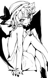 Rule 34 | 1girl, alternate costume, back, backless outfit, bat wings, bow, fingernails, from side, greyscale, hand on own knee, hat, hat bow, high heels, legs, crossed legs, looking at viewer, monochrome, remilia scarlet, sharp fingernails, short hair, sitting, sketch, slit pupils, solo, thupoppo, touhou, wings