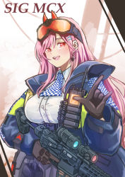 Rule 34 | 1girl, akaimame, arm up, ascot, blue jacket, blush, breasts, brown gloves, character name, earrings, eyewear on head, girls&#039; frontline, gloves, gun, hair ornament, hairclip, heart, heart earrings, highres, holding, holding weapon, jacket, jewelry, large breasts, long hair, looking at viewer, mole, mole under eye, open clothes, open jacket, open mouth, pink hair, police, police uniform, policewoman, red eyes, rifle, safety glasses, shirt, sig mcx, sig mcx (girls&#039; frontline), smile, solo, teeth, uniform, upper body, upper teeth only, walkie-talkie, weapon, white shirt
