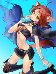Rule 34 | animal ears, belt, black footwear, boots, cloak, collar, highres, hisho collection, kaekae, red hair, solo, spiked collar, spikes, tail, thigh boots, thighhighs