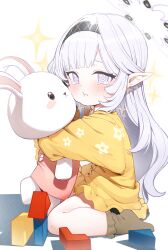 Rule 34 | 1girl, :t, absurdres, aged down, black hairband, block (object), blue archive, blush, child, dress, floral print, hairband, halo, highres, himari (blue archive), hugging doll, hugging object, korean commentary, light purple hair, looking at viewer, mole, mole under eye, pointy ears, purple eyes, sitting, solo, sparkle, stuffed animal, stuffed rabbit, stuffed toy, tears, wariza, yellow dress, zanya 000