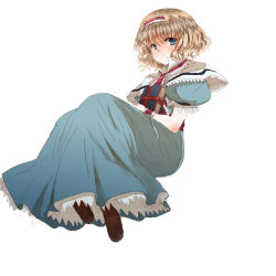 Rule 34 | 1girl, alice margatroid, bad id, bad pixiv id, blonde hair, blue eyes, book, capelet, dan (ssfsfsdf), dress, frown, hairband, highres, knees up, lolita hairband, looking at viewer, puffy short sleeves, puffy sleeves, ribbon, sash, short hair, short sleeves, simple background, solo, touhou, white background, wrist cuffs