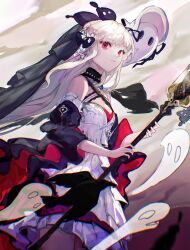 Rule 34 | absurdres, black bow, black cape, black collar, black veil, bow, breasts, cape, closed mouth, collar, cowboy shot, detached sleeves, dress, expressionless, ghost, hair bow, highres, holding, holding polearm, holding weapon, l. xianyi, light particles, long hair, looking at viewer, nijisanji, nijisanji en, polearm, red cape, red eyes, reimu endou, reimu endou (2nd costume), sidelocks, small breasts, standing, two-tone cape, veil, virtual youtuber, weapon, white dress, white hair