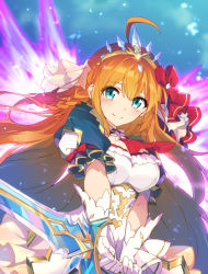 Rule 34 | 1girl, ahoge, blue eyes, blurry, blurry background, blush, braid, breasts, brown hair, brown skirt, closed mouth, commentary, depth of field, gloves, hair between eyes, hair ribbon, holding, holding sword, holding weapon, long hair, looking at viewer, medium breasts, pecorine (princess) (princess connect!), pecorine (princess connect!), pleated skirt, princess connect!, puffy short sleeves, puffy sleeves, ribbon, see-through, short sleeves, shrug (clothing), skirt, smile, solo, split mouth, sword, tiara, tsuezu, two-handed, very long hair, weapon, white gloves