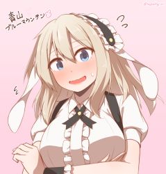 Rule 34 | 1girl, alternate costume, animal ears, aoyama blue mountain, apron, blonde hair, blouse, blue eyes, blush, breasts, character name, commentary request, cowboy shot, embarrassed, fleur de lapin uniform, frilled shirt, frills, giorgio claes, gochuumon wa usagi desu ka?, hair between eyes, hair ornament, hairband, highres, long hair, looking at viewer, medium breasts, open mouth, shirt, solo, translation request, twitter username, upper body, waitress, white shirt, wrist cuffs