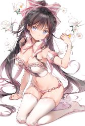 Rule 34 | 1girl, arm support, blue eyes, bow, breasts, brown hair, cleavage, closed mouth, commentary request, dsmile, flower, frills, full body, hair bow, long hair, looking at viewer, medium breasts, navel, no bra, no shoes, original, panties, ponytail, puffy sleeves, ribbon, sarah (dsmile), simple background, sitting, solo, underwear, very long hair, wariza, white background, white legwear
