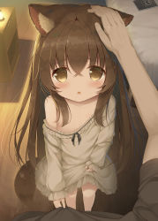 Rule 34 | 1boy, 1girl, animal ear fluff, animal ears, bed, bedroom, black shirt, blush, book, brown hair, child, dog ears, dog girl, dog tail, dress, dress grab, fang, from above, hand on another&#039;s head, headpat, highres, indoors, lantern, long hair, long sleeves, looking at viewer, looking up, nightgown, off shoulder, open mouth, original, pov, psyche3313, shirt, shirt grab, short sleeves, tail, white dress, white nightgown, white sleeves