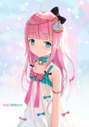 Rule 34 | 1girl, bare shoulders, bell, black bow, blue bow, blue eyes, blue hair, bow, closed mouth, collarbone, commentary request, dotted line, dress, hair bow, highres, jingle bell, liclac, long hair, looking at viewer, multicolored hair, original, pink bow, pink hair, sleeveless, sleeveless dress, smile, solo, star (symbol), starry background, two-tone hair, very long hair, watermark, web address, white dress