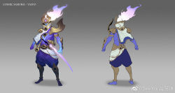 Rule 34 | 1boy, alternate costume, armor, artist name, barefoot, black eyes, character name, clenched hand, colored skin, from behind, full body, gradient background, grey background, helmet, horns, katana, league of legends, long hair, looking at viewer, male focus, multiple views, pants, purple hair, purple pants, purple skin, see you, shoulder armor, space print, sparkle, standing, starry sky print, sword, weapon, white hair, yasuo (league of legends)
