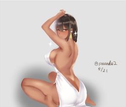 Rule 34 | 1girl, armlet, ass, ass cutout, azur lane, backless outfit, bare shoulders, black hair, blush, breasts, brown eyes, butt crack, clothing cutout, commentary request, dark-skinned female, dark skin, dress, earrings, hair between eyes, jewelry, large breasts, long hair, looking at viewer, native american, paundo2, solo, south dakota (azur lane), south dakota (solo concert) (azur lane), white dress