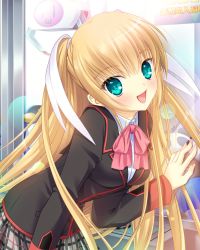 Rule 34 | 1girl, blazer, blonde hair, blue eyes, bow, bowtie, commentary request, cowboy shot, crane game, dress, hamada mari, highres, jacket, leaning forward, little busters!, long hair, looking at viewer, pink bow, pink bowtie, plaid, plaid skirt, pleated dress, school uniform, skirt, smile, solo, tokido saya, twintails