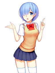 Rule 34 | 10s, 1girl, absurdres, alternate costume, blue eyes, blue hair, blue skirt, blunt bangs, bow, bowtie, breasts, chestnut mouth, collared shirt, contemporary, cowboy shot, fingernails, hair over one eye, highres, index finger raised, kneehighs, long fingernails, looking at viewer, matching hair/eyes, medium breasts, nail polish, open hand, open mouth, parted bangs, pleated skirt, pointing, pointing up, re:zero kara hajimeru isekai seikatsu, red bow, red bowtie, rem (re:zero), school uniform, shirt, short hair, simple background, skirt, socks, solo, sonikey0 0, standing, sweater, sweater vest, teeth, thighhighs, w arms, white background, white shirt, white socks, white thighhighs, zettai ryouiki