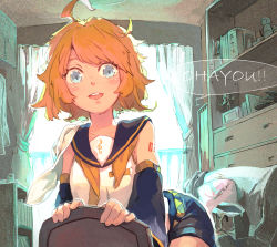 Rule 34 | 1girl, ahoge, arm warmers, artist request, bad id, bad pixiv id, bare shoulders, blonde hair, blue eyes, blush, chair, kagamine rin, leaning forward, looking at viewer, open mouth, romaji text, sailor collar, short hair, shorts, smile, solo, takamaru nagisa, treble clef, vocaloid