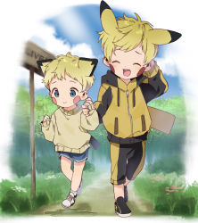 Rule 34 | 2boys, :d, ^ ^, animal ears, black footwear, blonde hair, blue eyes, blue footwear, blush stickers, child, closed eyes, closed mouth, creatures (company), day, drawstring, extra ears, facial mark, facing viewer, full body, game freak, gen 1 pokemon, gen 2 pokemon, hand up, hands up, height difference, highres, holding hands, hood, hood down, hooded jacket, jacket, long sleeves, multiple boys, nature, nemui (nemuriyagi), nintendo, open mouth, pants, pichu, pikachu, pikachu ears, pokemon, pokemon (creature), pokemon ears, road, road sign, scratching head, shoes, sign, sky, smile, socks, sweater, walking, yellow jacket, yellow pants, yellow sweater