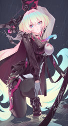 Rule 34 | 1girl, absurdres, ai dongdong, arm up, bandaged fingers, bandaged hand, bandages, black collar, black footwear, black gloves, black jacket, black pantyhose, blonde hair, blue eyes, blue hair, bow (weapon), breasts, collar, collared shirt, commentary, crossbow, earrings, frown, gloves, hair between eyes, hair intakes, highres, holding, holding crossbow, holding weapon, honkai (series), honkai impact 3rd, jacket, jewelry, lantern (honkai impact), large breasts, long hair, looking at viewer, official alternate color, on one knee, pantyhose, pink hair, pinstripe jacket, pinstripe pattern, red eyes, shirt, single glove, solo, two-tone eyes, very long hair, weapon, white shirt