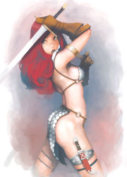 Rule 34 | 1girl, armor, ataruman, bikini armor, breasts, dagger, gloves, highres, holster, knife, loincloth, long hair, looking back, no panties, o-ring, o-ring bottom, o-ring top, pelvic curtain, red hair, red sonja, red sonja (comics), scale armor, sideboob, solo, sword, thigh holster, thigh strap, weapon