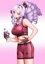 Rule 34 | 1girl, :t, absurdres, bare shoulders, black gloves, bottle, breasts, choker, crop top, drill hair, gloves, gym shorts, hair ribbon, hairband, half-closed eye, high ponytail, highres, holding, holding bottle, hyakumantenbara salome, large breasts, long hair, midriff, navel, nijisanji, parted bangs, pout, pouty lips, purple eyes, purple hair, purple ribbon, raised eyebrow, ribbon, ringlets, shorts, simple background, solo, sports bra, sportswear, tehepero 000, uneven eyes, virtual youtuber, water bottle