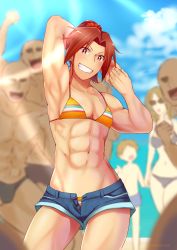 Rule 34 | 2girls, 4boys, abs, absurdres, bikini, bikini top only, blue shorts, breasts, denim, denim shorts, grin, harurukan, highres, looking at viewer, medium breasts, midriff, multiple boys, multiple girls, muscular, muscular female, open clothes, open fly, open shorts, original, red eyes, red hair, short shorts, shorts, small breasts, smile, solo focus, stomach, swimsuit, unbuttoned