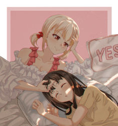Rule 34 | 2girls, absurdres, alternate hairstyle, bed, black hair, blonde hair, blush, border, bow, breasts, cleavage, collarbone, dress, closed eyes, frilled dress, frills, hair bow, highres, iicecall, inoue takina, long hair, looking at another, lycoris recoil, medium hair, multiple girls, nishikigi chisato, pillow, pink border, playing with another&#039;s hair, shirt, sleeping, smile, sunlight, t-shirt, twintails, yellow eyes, yes-no pillow, yuri