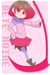 Rule 34 | bete noire, betty noire, boots, brown footwear, brown hair, glitchtale, highres, pink shirt, purple shirt, red eyes, red hair, red scythe, red skirt, scythe, shirt, skirt