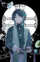 Rule 34 | 1boy, alternate costume, aqua hair, black hair, chinese clothes, closed mouth, cup, earrings, facial mark, film reel, flower, forehead mark, genshin impact, highres, holding, jewelry, long sleeves, makeup, male focus, multicolored hair, necklace, petals, phonograph, ring, single earring, solo, upper body, white flower, xiao (genshin impact), yellow eyes, yue (shemika98425261)