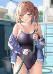 Rule 34 | 1girl, bare shoulders, black one-piece swimsuit, blue jacket, blurry, blurry background, blush, breasts, brown eyes, brown hair, chain-link fence, collarbone, commentary request, covered navel, cowboy shot, fence, highres, hose, jacket, large breasts, long hair, long sleeves, looking at viewer, monaka curl, off shoulder, one-piece swimsuit, open clothes, open jacket, original, outdoors, parted lips, smile, swimsuit, twintails