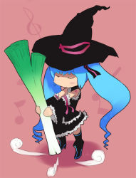 Rule 34 | bad id, bad pixiv id, blue hair, chibi, closed eyes, hat, hatsune miku, inemuri uno, long hair, solo, spring onion, very long hair, vocaloid, witch hat