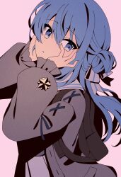 Rule 34 | 1girl, :o, absurdres, backpack, bag, black bag, blue eyes, blue hair, bow, flat color, grey jacket, hands on own cheeks, hands on own face, highres, hololive, hoshimachi suisei, hoshimachi suisei (school uniform), jacket, kyu-kurarin (cevio), looking at viewer, looking to the side, official alternate costume, open mouth, pink background, pleated skirt, pose imitation, sailor collar, side ponytail, simple background, skirt, solo, star (symbol), tsumurimai, virtual youtuber, white bow, white sailor collar, white skirt