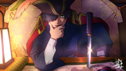 Rule 34 | 1boy, aoiyuya, blue hair, coat, coat on shoulders, dagger, green eyes, hair over one eye, hand on own chin, hand on own knee, hat, hat feather, high collar, japanese clothes, kimono, knife, lantern, male focus, map, original, parted lips, pirate, pirate hat, scroll, short hair, smile, solo, tricorne, weapon